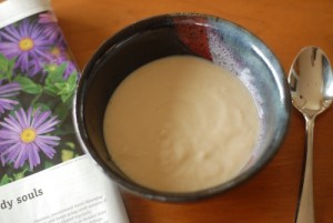 Wildwood Organic Soy Yogurt in a bowl with newspaper on the table