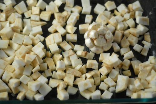 celery root and garlic ready to go in the oven celery root and garlic ready to go in the oven