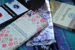 Bissinger, Vosges, and Divina chocolate bars on a summer picnic