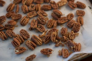 maple candied pecans on parchment