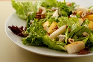 salad with pear, hazelnut, and Humboldt Fog goat cheese